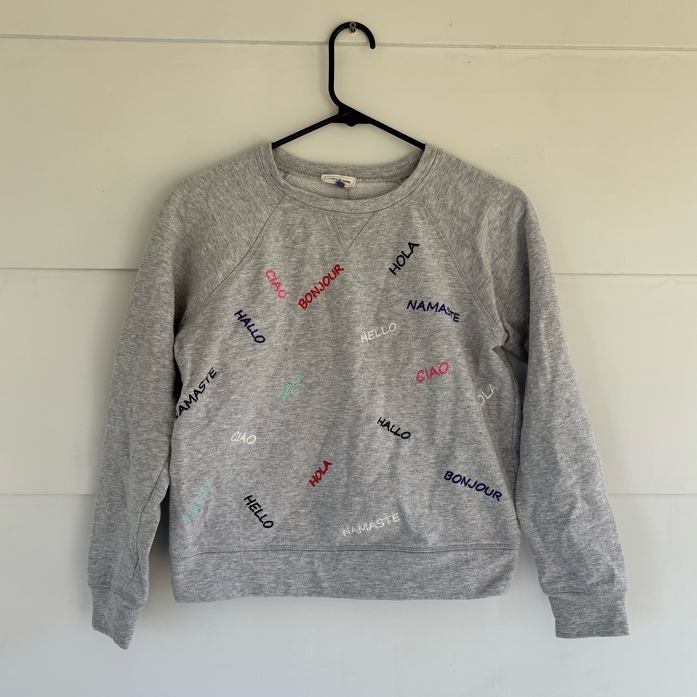 Court & Rowe XS Embroidered Gray Sweatshirt Hello Hola Ciao Bonjour Long Sleeve